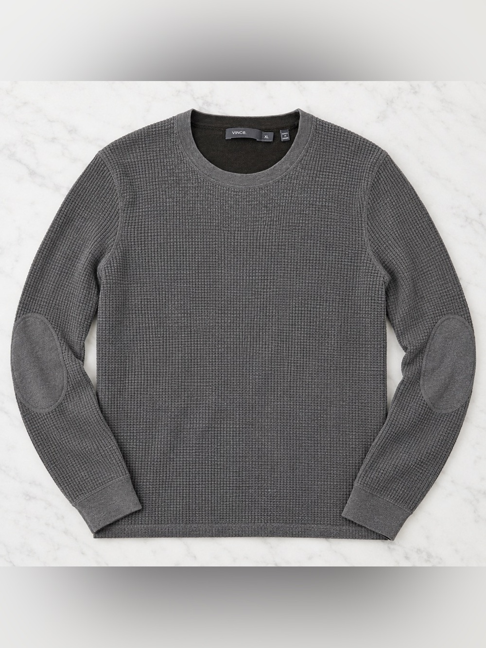 Vince Men’s Waffle Knit Thermal Crewneck Sweater Gray XL Elbow Patches